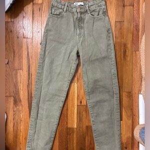 ZARA olive green straight leg jeans with gold buttons